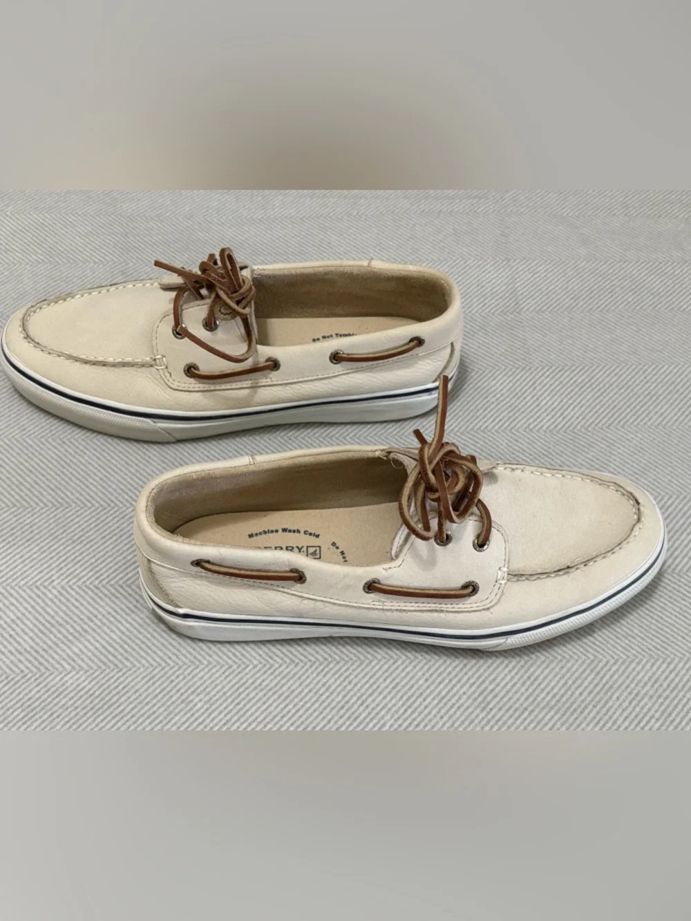 Sperry Men’s Beige Leather Boat Shoes with Brown Laces Sz 11.5M